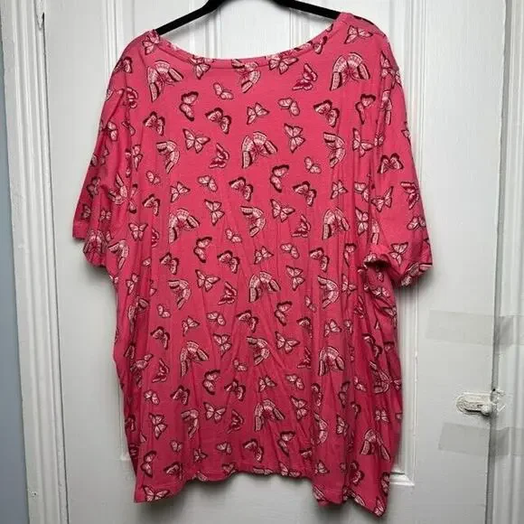 Butterfly Blouse Womens 2X Pink Pullover Short Sleeve Scoop Neck Top Stretch - Picture 7 of 8